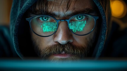 Hooded hacker coding on a laptop with digital code reflecting in glasses