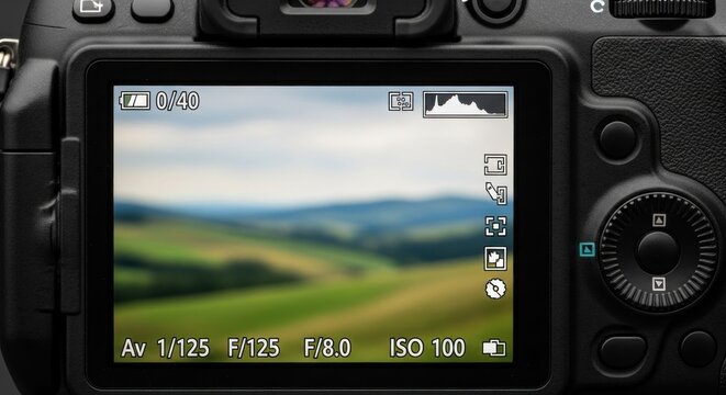 DSLR camera back showing blurred landscape image with info and settings displayed