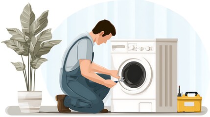 Repairing Washing Machine Appliance with Wrench by Technician in Overalls