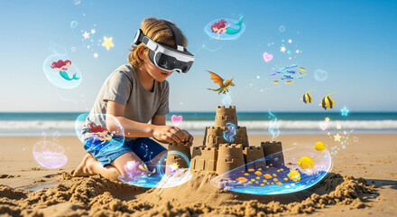 Child building sandcastle with augmented reality headset, colorful holograms floating around
