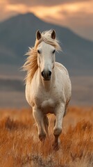 Obraz premium White horse gallops through golden grassland at sunset near distant mountains