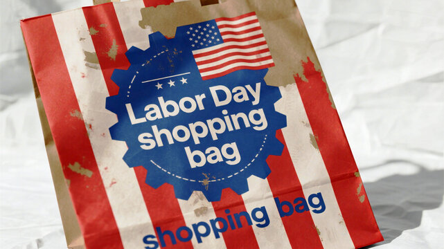 Celebrate Labor Day with patriotic shopping bag, perfect for promotions and sales, featuring the American flag and red, white, and blue design