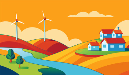 Obraz premium Circular landscape Wind generator Renewable energy power concept Classic energy Rural Landscape with farm houses, barn, fields with crop rows. 