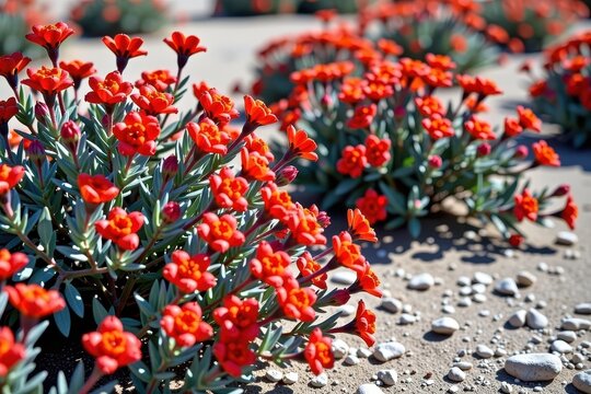 Dense, low-lying ephedra bushes laden with small, red berries, arid landscape setting.