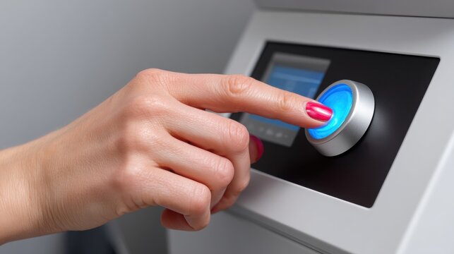 Hand pressing a blue button on a modern device interface.