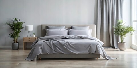 Soothing grey cotton fabric draped over a plush bed frame with matching pillowcases in a serene and peaceful atmosphere