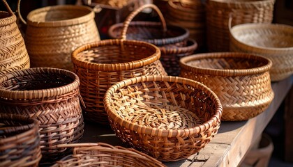 “Assorted woven baskets on a wooden surface, highlighting texture, craftsmanship, and traditional artisanal design.”