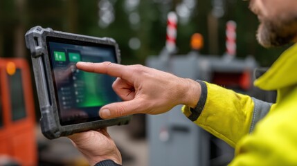 Obraz premium Worker using a tablet in an industrial setting for control or monitoring.