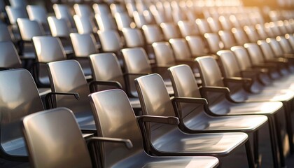 Naklejka premium “Symmetrical rows of empty black plastic chairs with metal legs in a sunlit auditorium, emphasizing geometric repetition, shadows, and anticipation.”