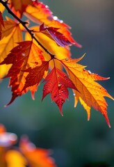 Vibrant autumn leaves glistening with morning dew, showcasing rich reds, oranges, and yellows against a blurred background, red leaves, yellow leaves, outdoor