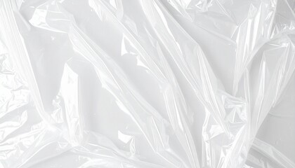 Wrinkled transparent plastic sheet with glossy reflections on white background.