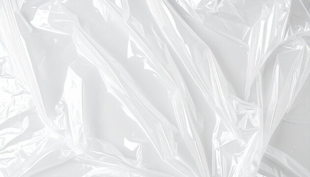 Wrinkled transparent plastic sheet with glossy reflections on white background.