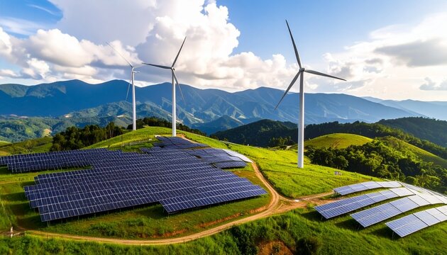 Solar panels and wind turbines on green hills with mountain backdrop under partly cloudy sky.