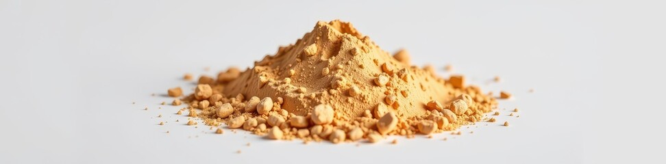 Pile of protein powder on white background, mass, bodybuilding