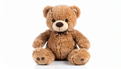 Obraz premium Light brown plush teddy bear with bow tie posed against clean white background.