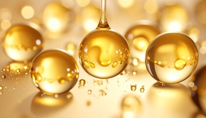 Glossy golden droplets on reflective surface with descending stream and bokeh background.
