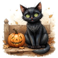 Cute Black Cat on a Wooden Bench with a Jack-o'-Lantern for Halloween and Autumn Greeting Cards