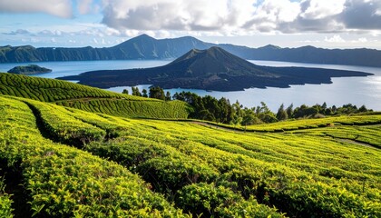 Obraz premium Lush green terraces overlooking volcanic island in lake surrounded by mountains under partly cloudy sky.