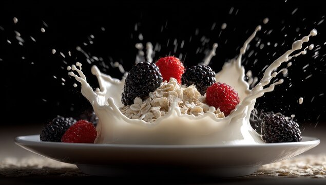 Milk splash over a healthy breakfast of oatmeal and berries.