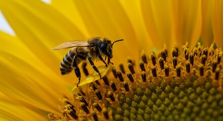 Close-Up of Bee on Vibrant Yellow Sunflower with Dew Drops