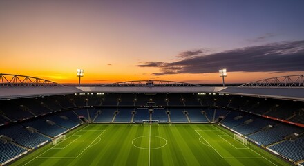 A wide shot of a soccer stadium with green field and empty blue seats, under a vibrant sunset sky with clouds.