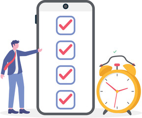 Flat illustration of woman event planner checking business checklist with calendar and note schedule management time planning

