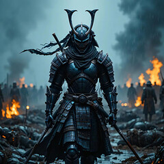 Warrior in Armor Standing on Battlefield after Battle