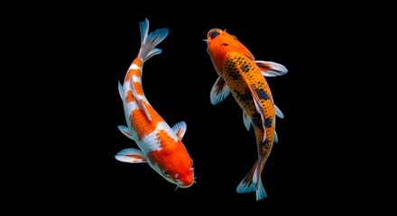 Two vibrant orange and white koi fish swimming gracefully in dark water, symbolizing luck and prosperity