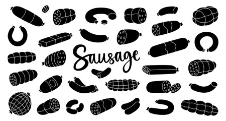 Black sausages set. Fresh raw sausages. Butchery menu design template for food market, ecommerce, products promotion. Vector illustration.