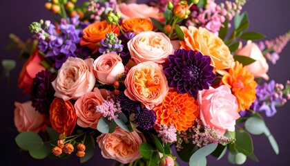 A vibrant bouquet of peach, orange, and purple blossoms arranged beautifully against a deep plum background.