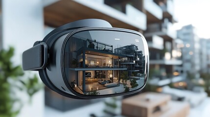 Virtual real estate tour interface showing 3D interior visualization using VR goggles for immersive home browsing in digital property showcase concept
