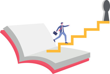 Flat illustration of businessman climb up book staircase reach open door learning new opportunity education growth career
