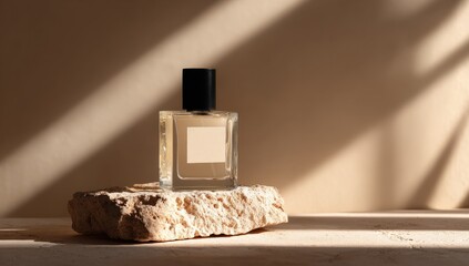Glass perfume bottle displayed on a stone surface, bathed in sunlight.