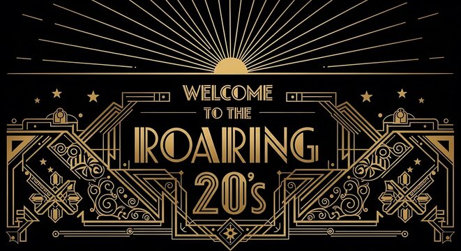 Naklejki Welcome to the roaring 20s art deco design with sunburst and geometric shapes, perfect for vintage parties, jazz events, and new year celebrations in a golden, elegant style