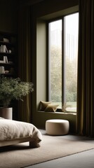 The modern bedroom, flooded with natural light from the large window, inviting tranquility, warm and stylish ambiance, perfect for relaxation.