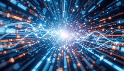 Naklejka premium “Clean technology theme with holographic data streams, glowing lines, and abstract geometric shapes forming a modern digital background.” 