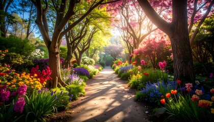 Fototapeta premium A sun-drenched garden path, vibrant with spring blossoms and colorful flowerbeds, showcasing a serene and joyful ambiance.