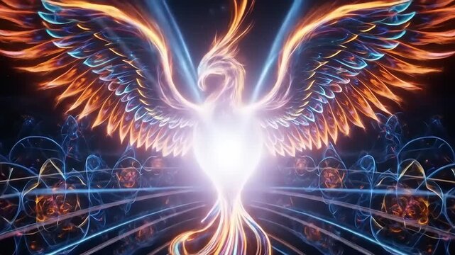 A vibrant digital illustration of a phoenix rising, surrounded by radiant light beams and abstract patterns