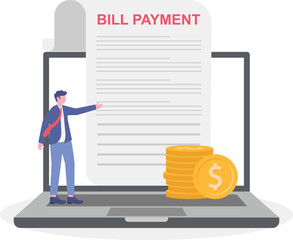 Flat illustration of businessman holds pencil and bill payment document preparing for shopping expense and transactions

