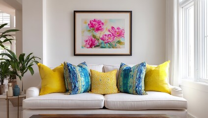 Modern living room with sofa, colorful cushions, pink floral vases, picture frame on white wall, and sunlight-filled space creating cheerful, inviting ambiance