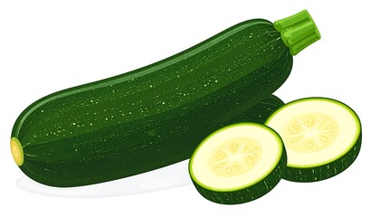 A whole dark-green zucchini and two of its slices are shown against a white background