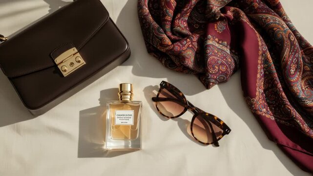 Still life of purse, perfume, sunglasses and patterned scarf on a white surface
