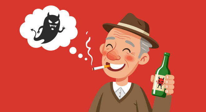 An Older Gentleman Enjoying a Cigarette and a Bottle of Alcohol While Having Devilish Thoughts and Temptations