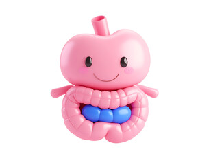 A friendly cartoon of a happy human digestive system, including a smiling stomach and intestines, representing gut health.