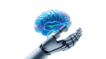 Advanced Robotic Hand Gently Cradles a Luminous Human Brain, Symbolizing the Symbiotic Relationship Between AI and Human Cognition in the Digital Era