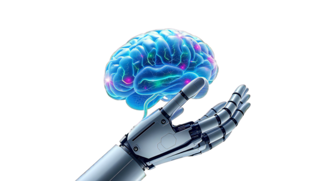 Advanced Robotic Hand Gently Cradles a Luminous Human Brain, Symbolizing the Symbiotic Relationship Between AI and Human Cognition in the Digital Era