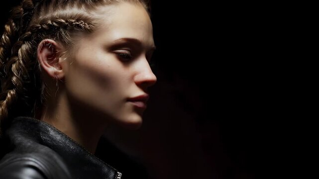 A woman s detailed cornrow braids in dramatic lighting