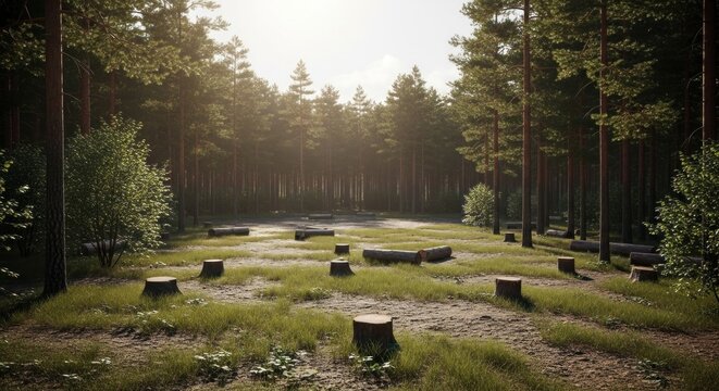 Sunlit clearing in a pine forest, showing recently felled tree trunks and stumps scattered across a grassy patch, with tall pines framing the scene under a bright sky