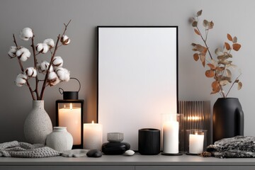 Decorative arrangement with candles, vases, and plants on a grey surface.