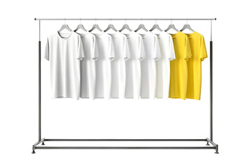 Heavy-duty clothing rack with white and yellow t-shirts hanging on gray hangers, isolated on a transparent background